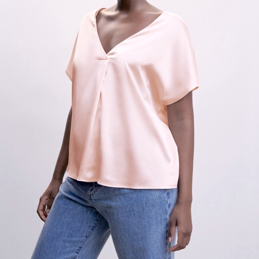 Mango MNG Satin V-Neck Blouse Pastel Pink Cossover Style Short Sleeves Sz Large